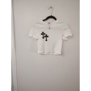Romwe Womens White Ribbed Cropped Baby Tee Gothic Double Cross Graphic Small